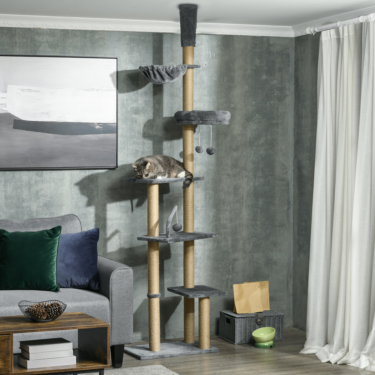 6-Tier Floor-to-Ceiling Cat Tree | Scratching Post, Hammock & Bed – Grey