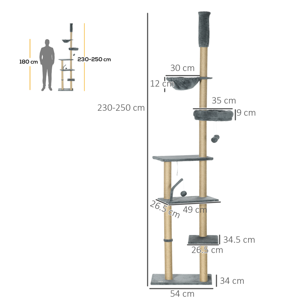 6-Tier Floor-to-Ceiling Cat Tree | Scratching Post, Hammock & Bed – Grey