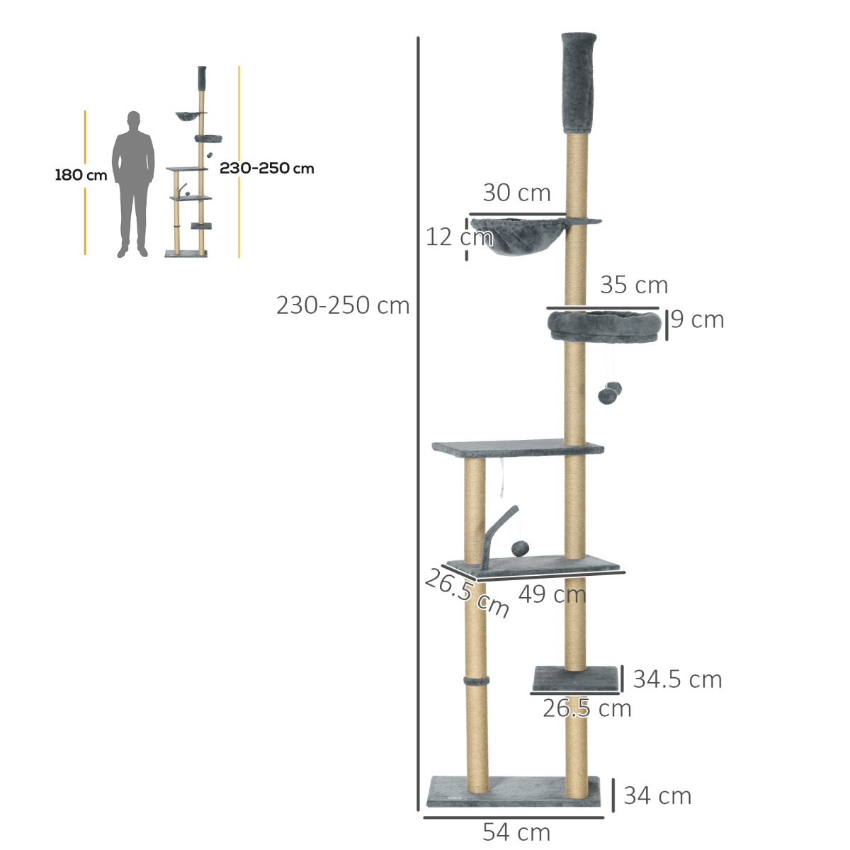 6-Tier Floor-to-Ceiling Cat Tree | Scratching Post, Hammock & Bed – Grey