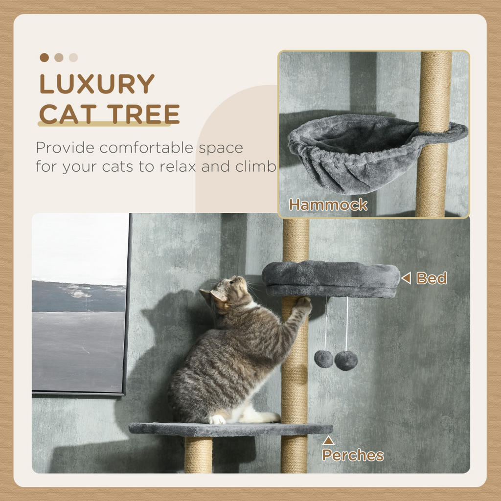 6-Tier Floor-to-Ceiling Cat Tree | Scratching Post, Hammock & Bed – Grey