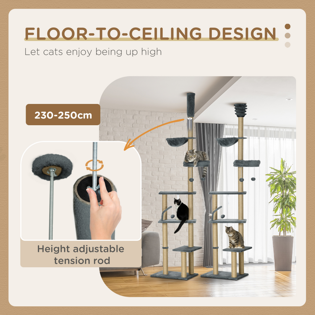 6-Tier Floor-to-Ceiling Cat Tree | Scratching Post, Hammock & Bed – Grey