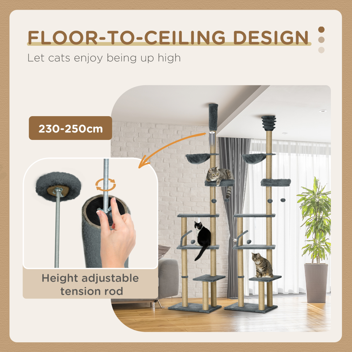 6-Tier Floor-to-Ceiling Cat Tree | Scratching Post, Hammock & Bed – Grey