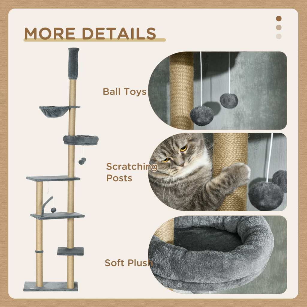 6-Tier Floor-to-Ceiling Cat Tree | Scratching Post, Hammock & Bed – Grey