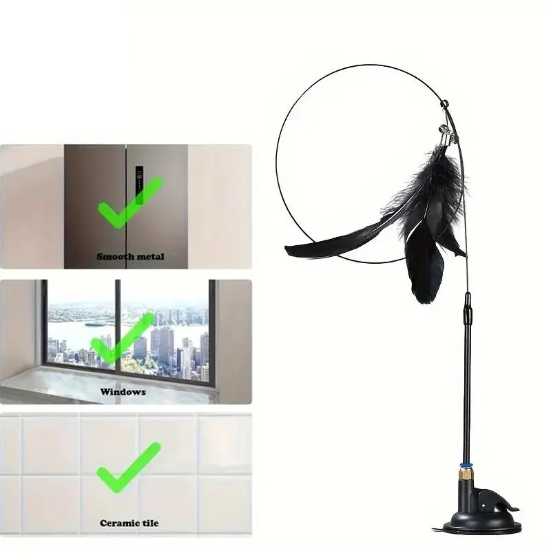 Interactive Cat Feather Wand — Suction Cup Toy with Bell, 85cm Long