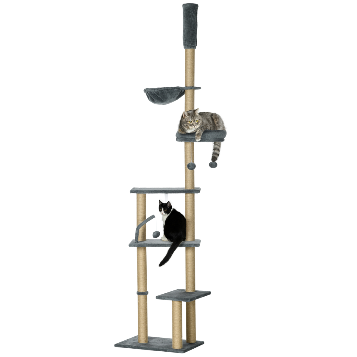 6-Tier Floor-to-Ceiling Cat Tree | Scratching Post, Hammock & Bed – Grey